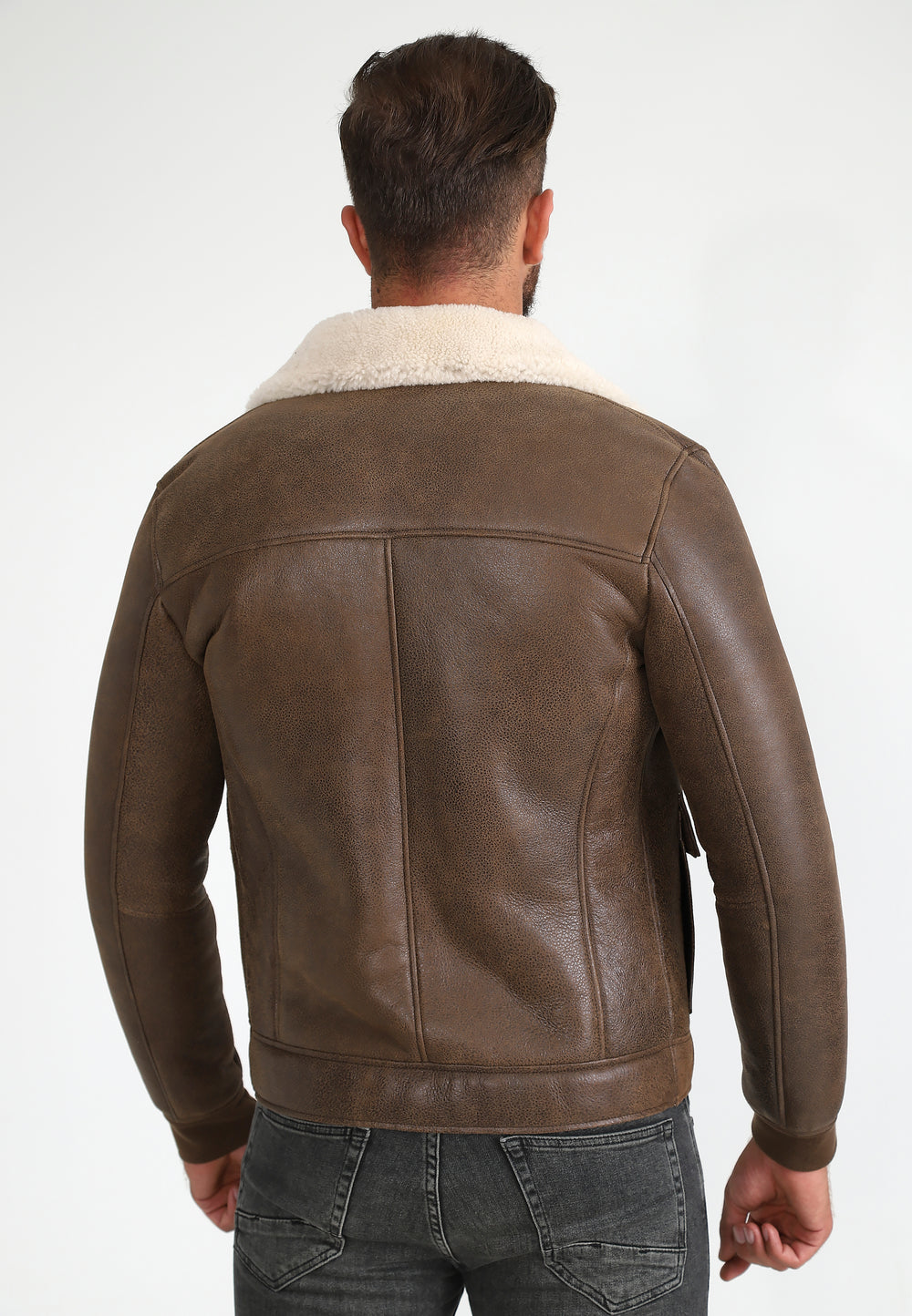 Mens Shearling Bomber Jacket - Vintage Camel - Beige  Curly Wool - 5