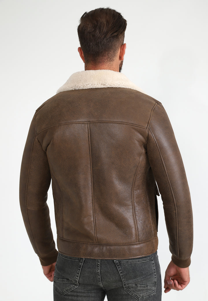 Mens Shearling Bomber Jacket - Vintage Camel - Beige  Curly Wool - 5