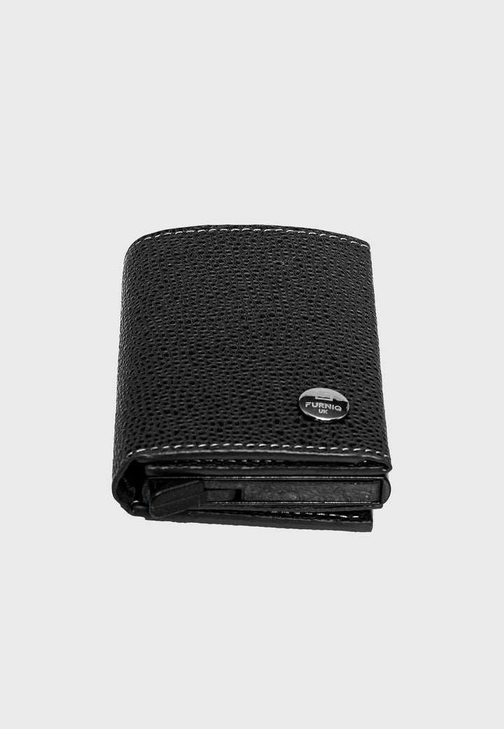 Genuine Leather Caviar Pattern Black Trifold Card Holder