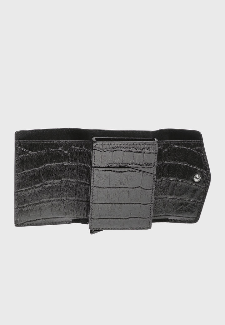 Genuine Leather Crocodile Pattern Black Snap Closure Wallet \u0026 Card Holder