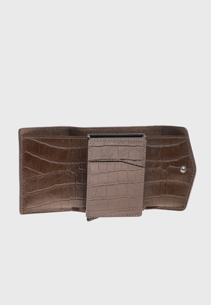 Genuine Leather Crocodile Pattern Brown Snap Closure Wallet \u0026 Card Holder