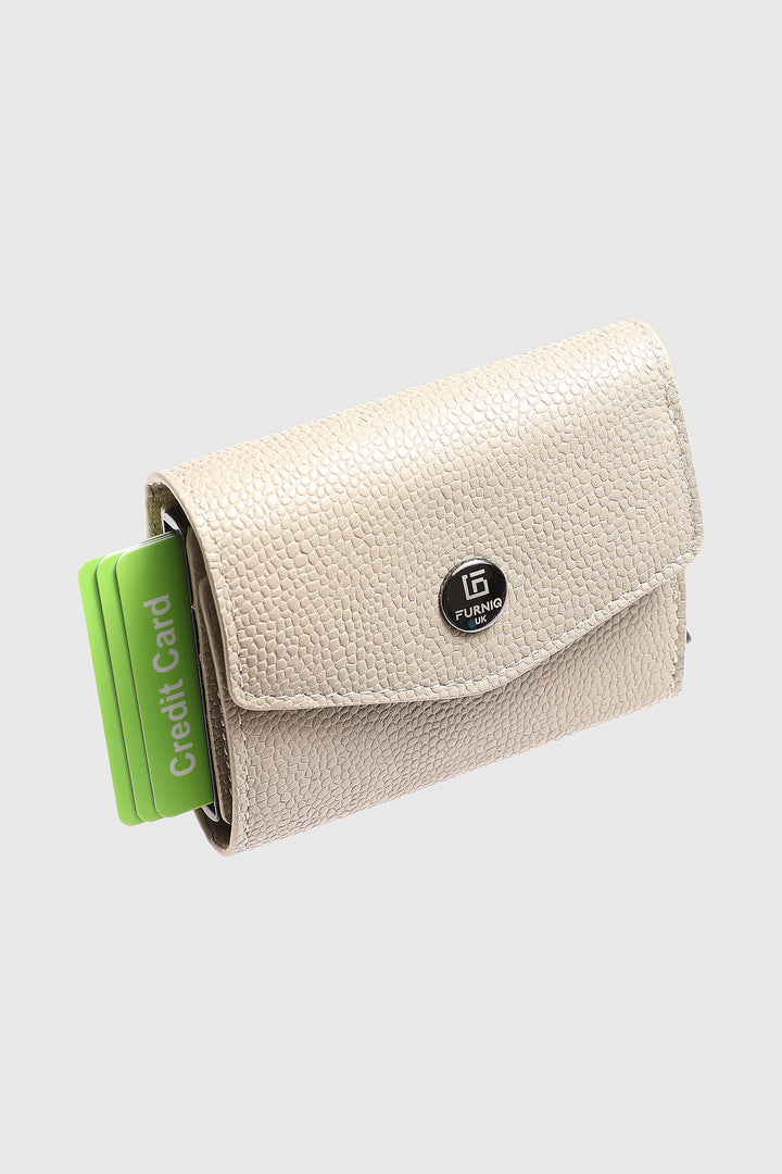 Genuine Leather Caviar Pattern Beige Snap Closure Wallet \u0026 Card Holder