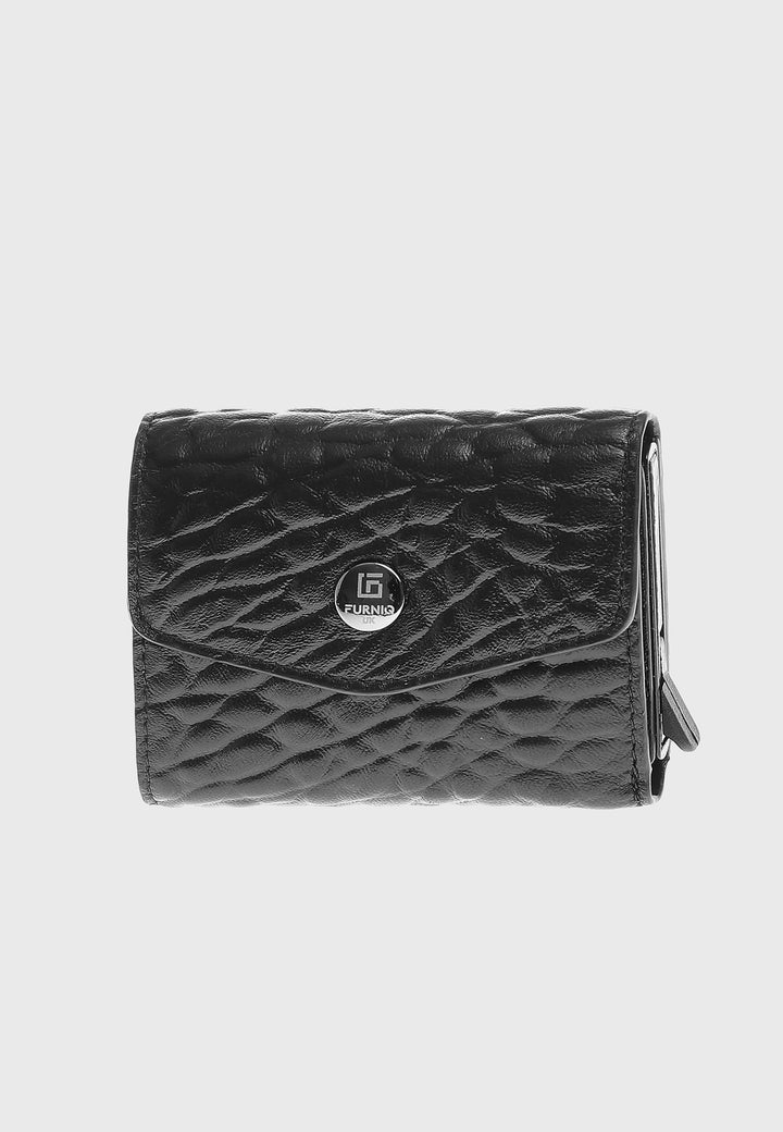 Genuine Leather Elephant Pattern Black Snap Closure Wallet \u0026 Card Holder