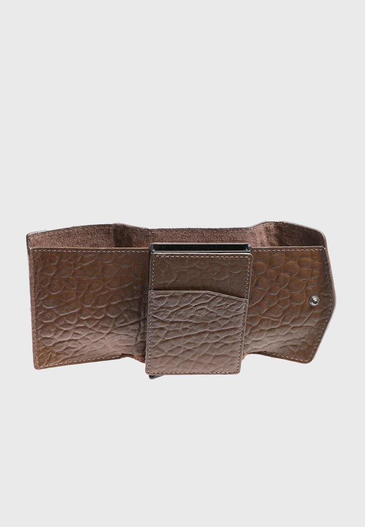 Genuine Leather Elephant Pattern Brown Snap Closure Wallet \u0026 Card Holder