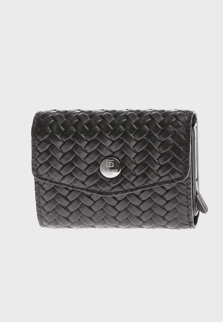 Genuine Leather Weave Pattern Black Snap Closure Wallet \u0026 Card Holder