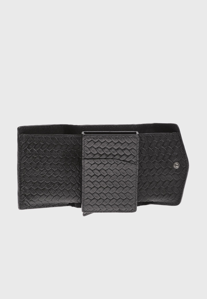 Genuine Leather Weave Pattern Black Snap Closure Wallet \u0026 Card Holder
