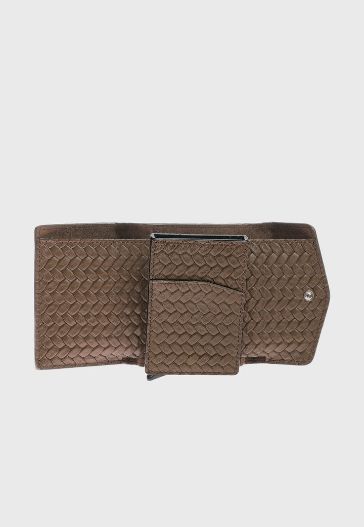Genuine Leather Weave Pattern Brown Snap Closure Wallet \u0026 Card Holder