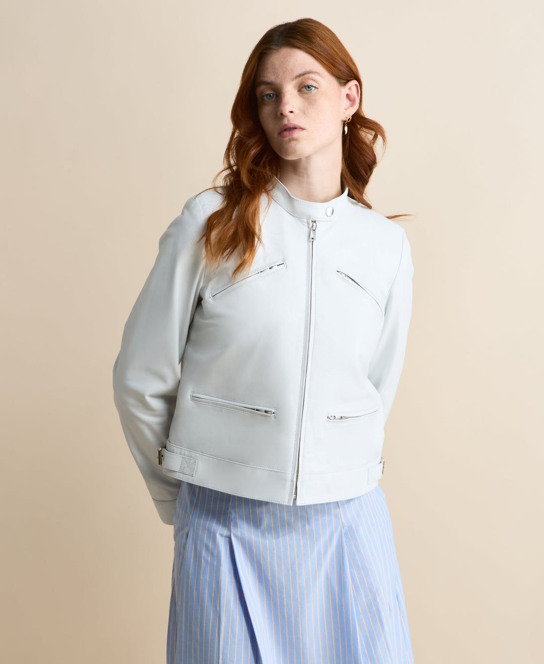 Blair women's white leather jacket crafted from 100% British leather by FURNIQ UK