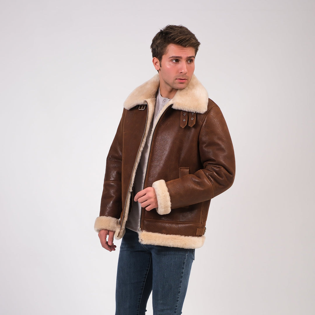 Man wearing shearling jacket