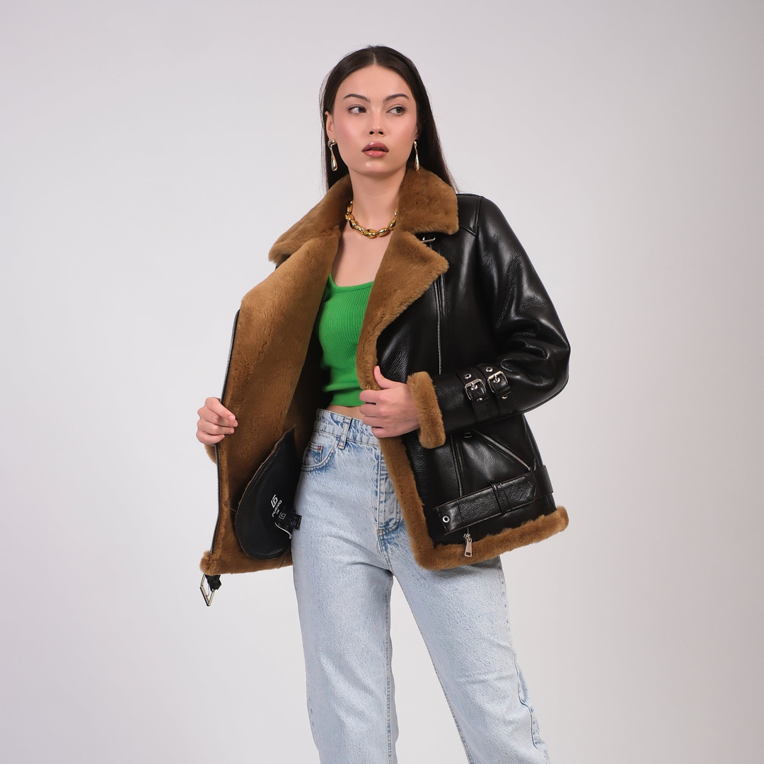 Lady wearing shearling jacket