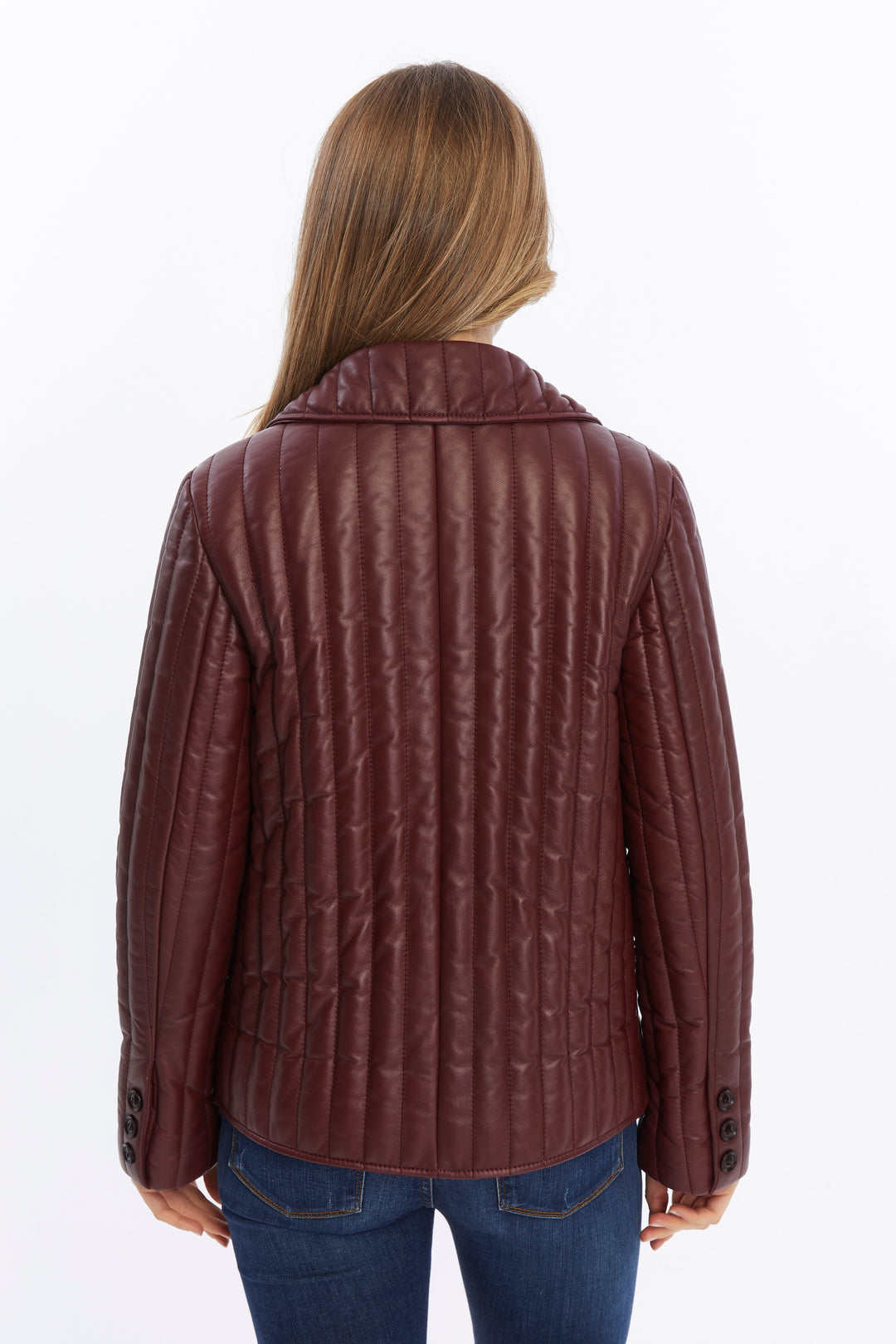 Back of maroon quilted leather coat