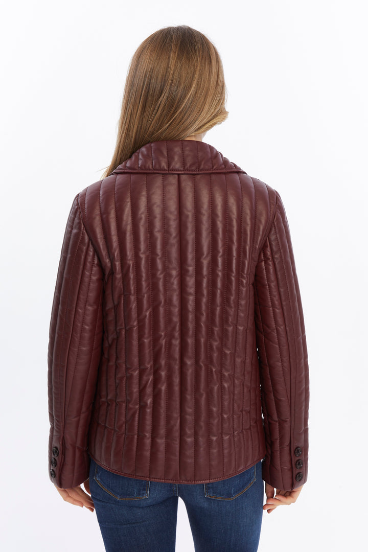 Back of maroon quilted leather coat