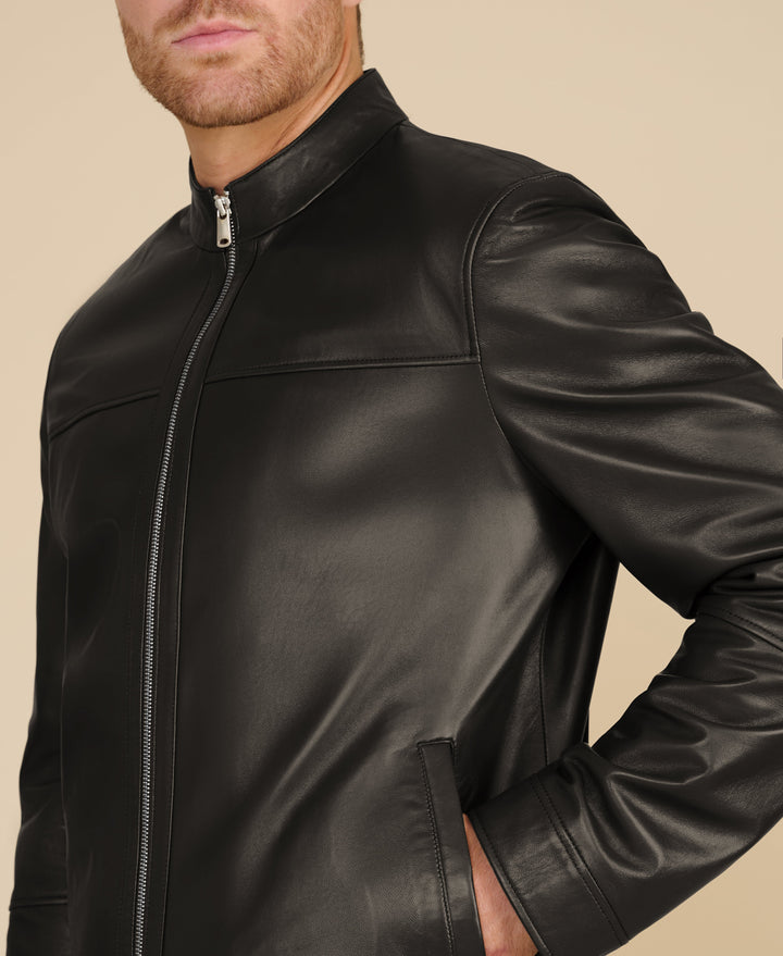 Black racer leather jacket close-up