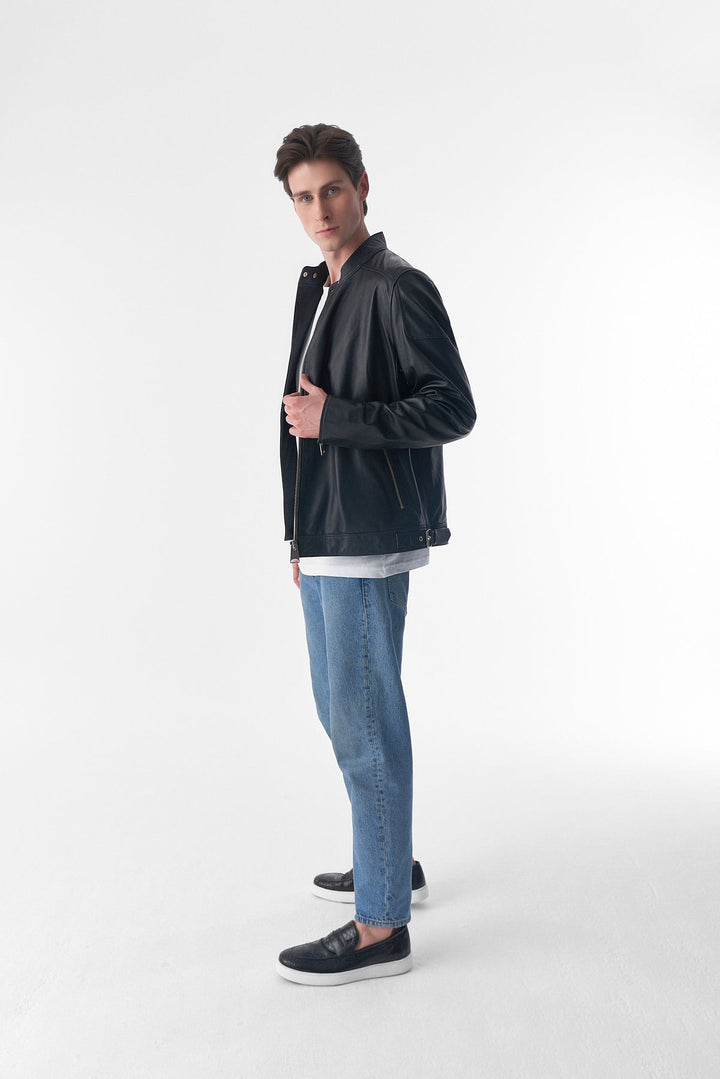 Male model wearing black leather jacket