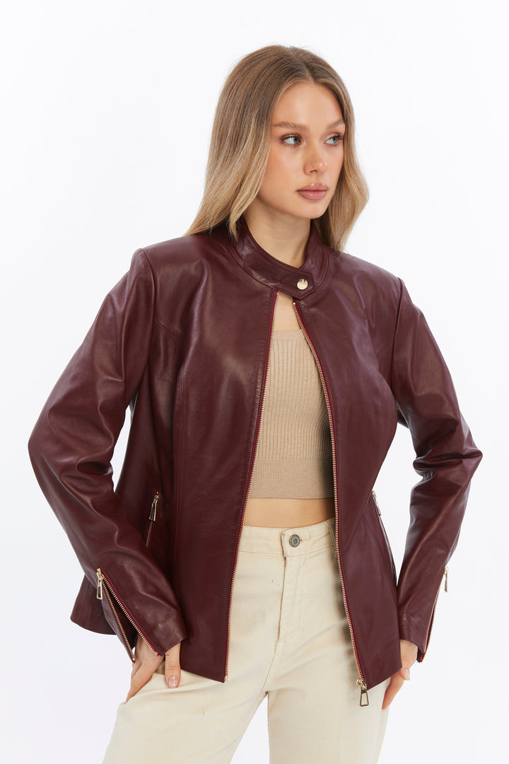 Burgundy leather jacket on model
