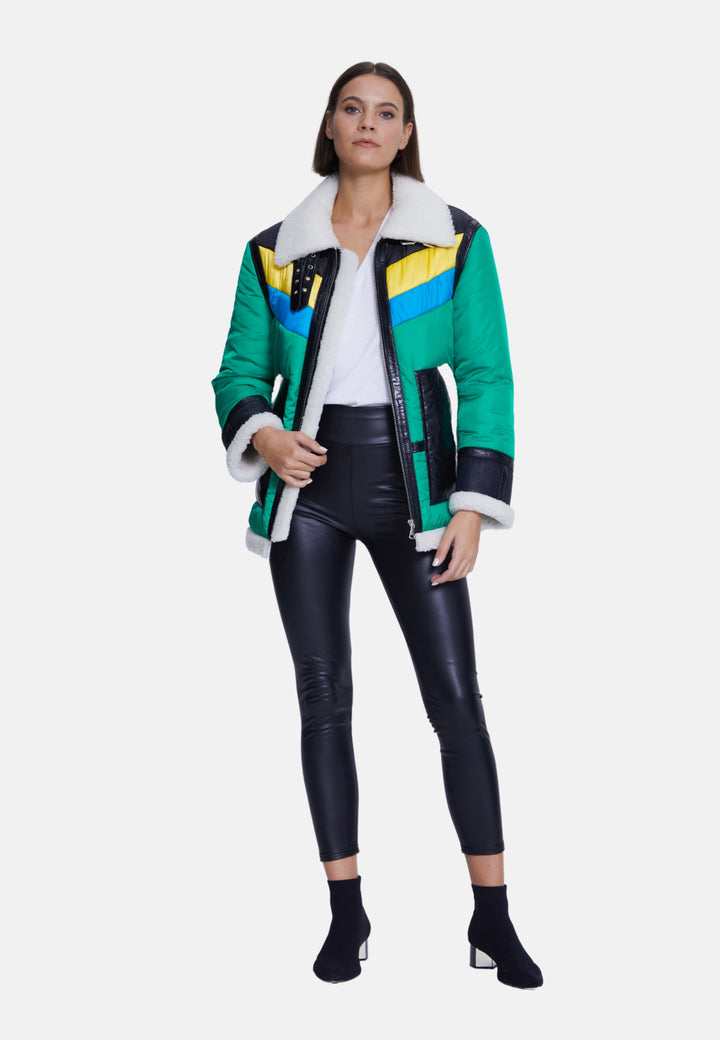 Woman wearing colorblock shearling coat