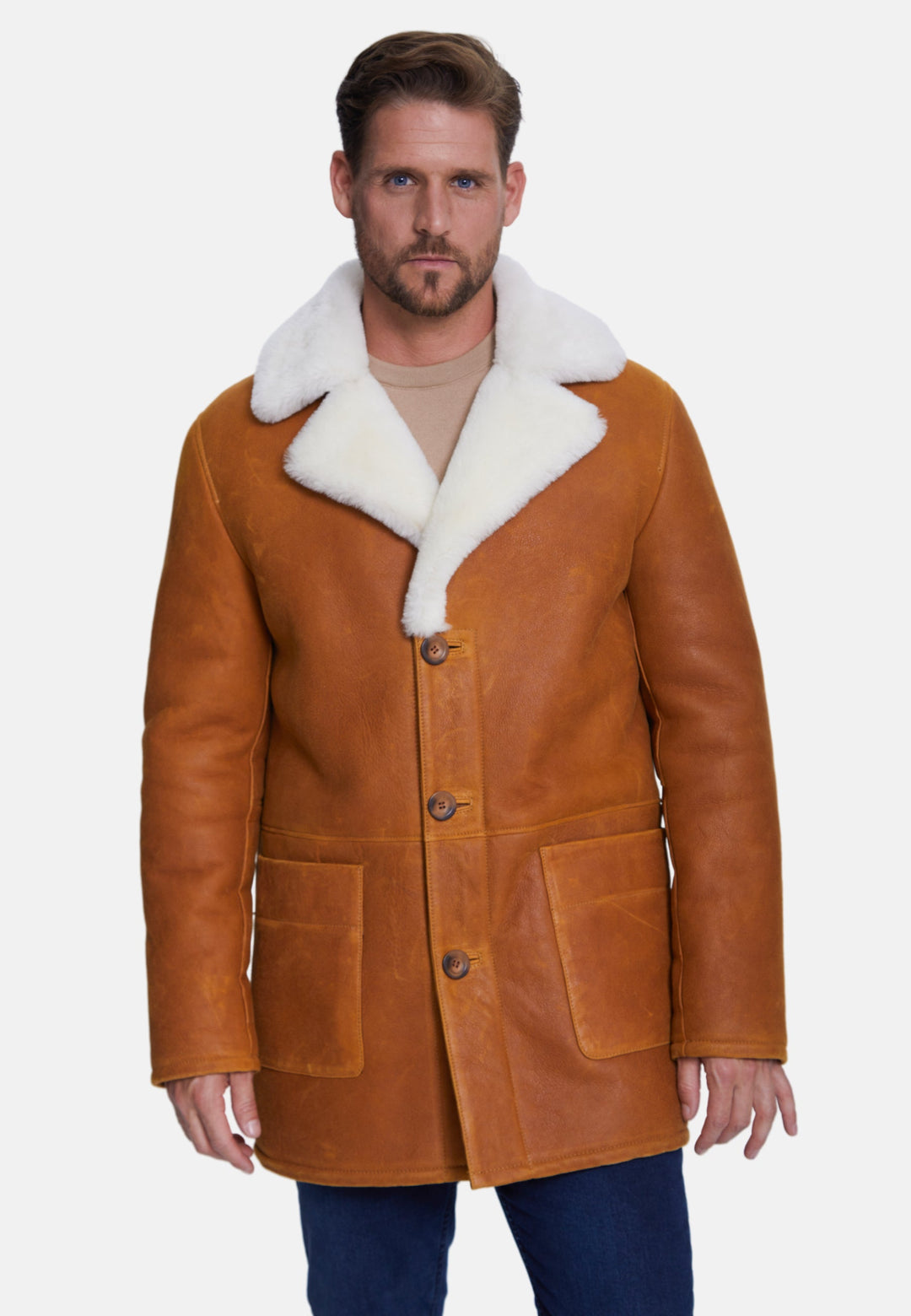 Man wearing brown sheepskin coat