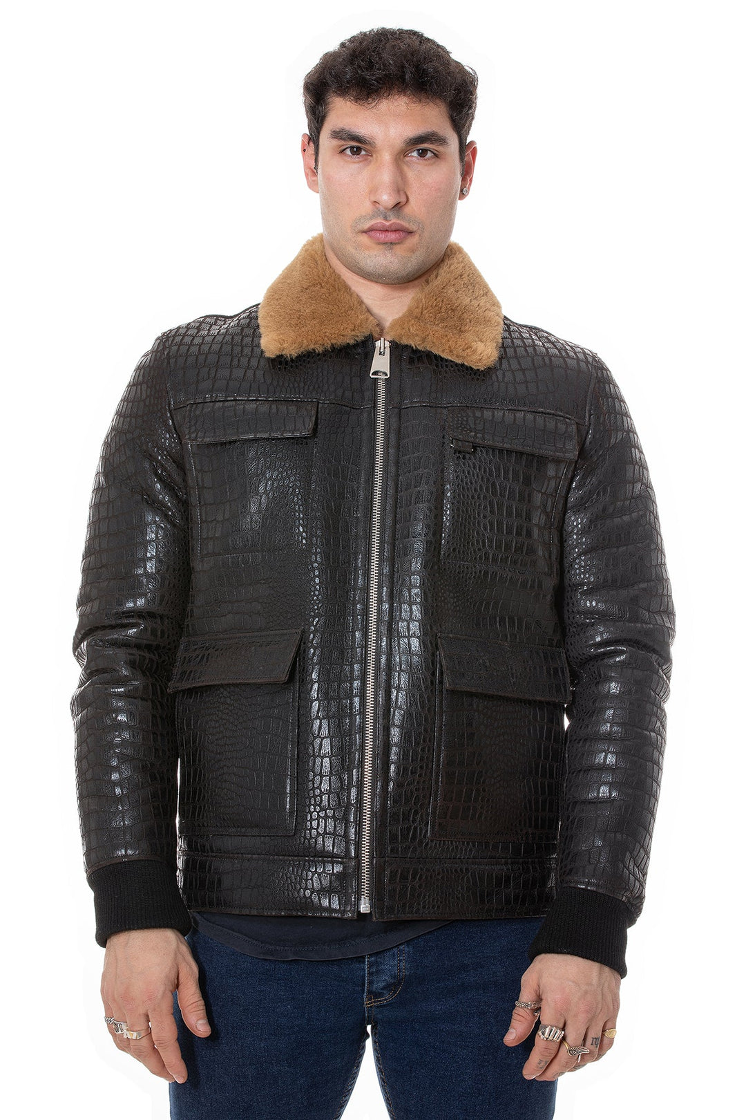 Man wearing croc-embossed shearling coat