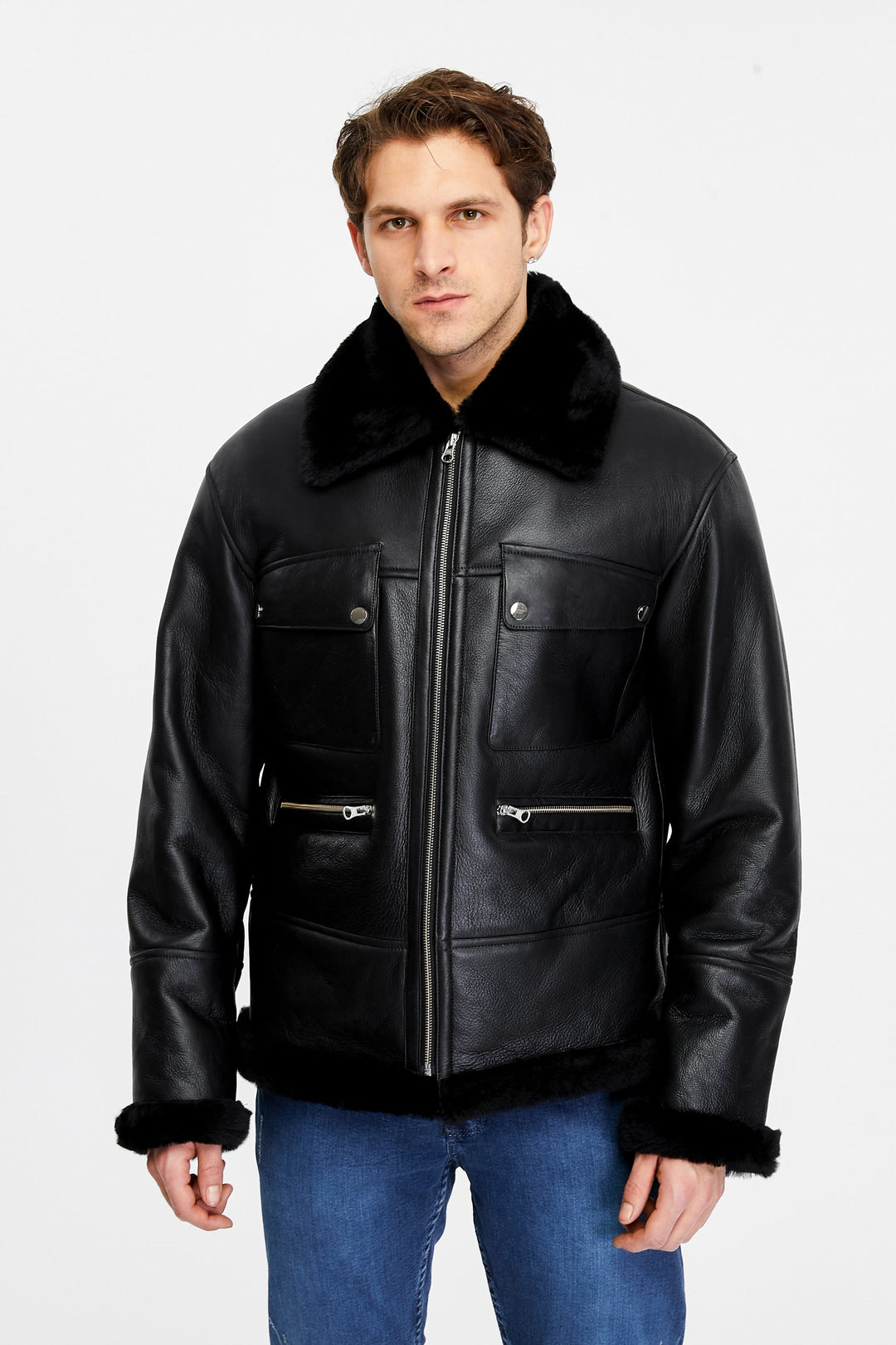 Man wearing black shearling leather jacket