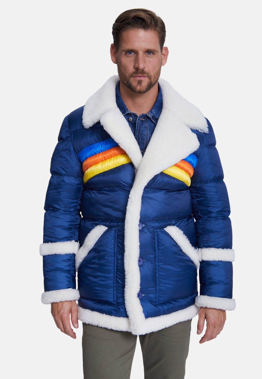 Blue puffer coat with white shearling trim