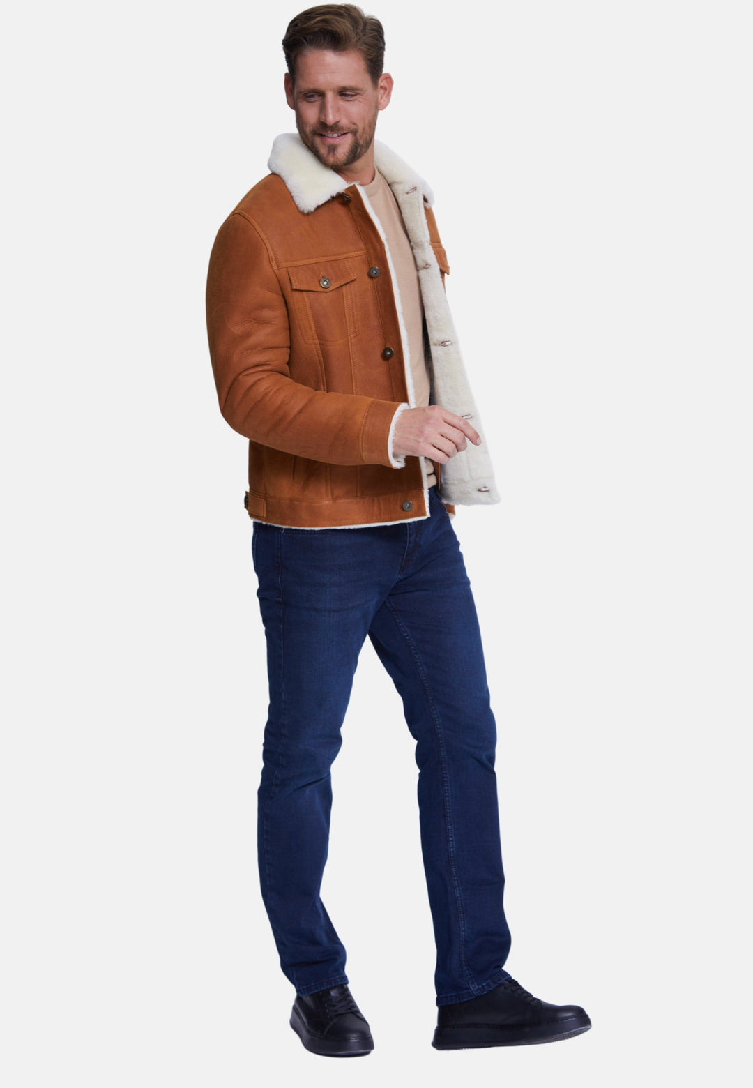 Man wearing brown sheepskin jacket