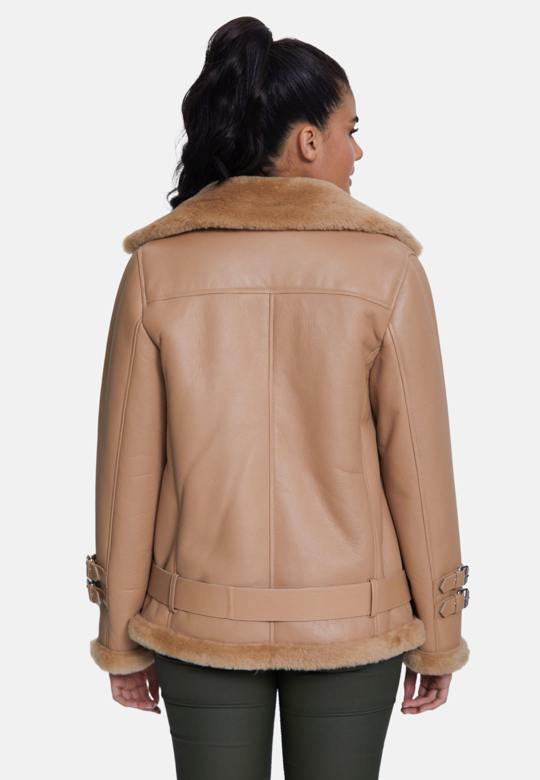 Camel sheepskin jacket back view