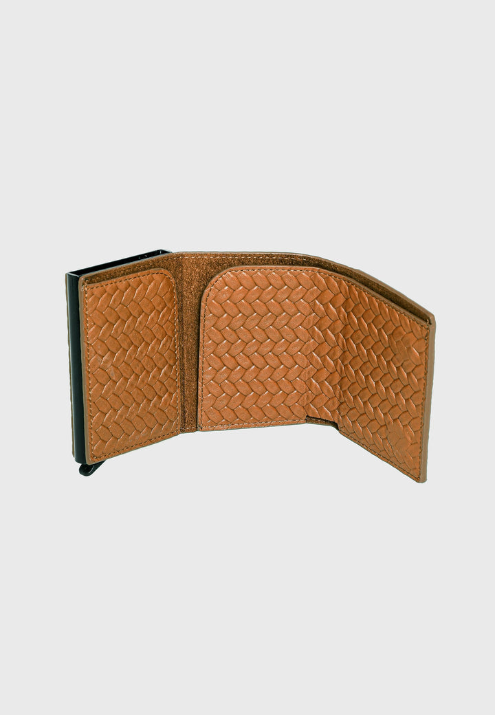 Tan woven leather trifold card holder