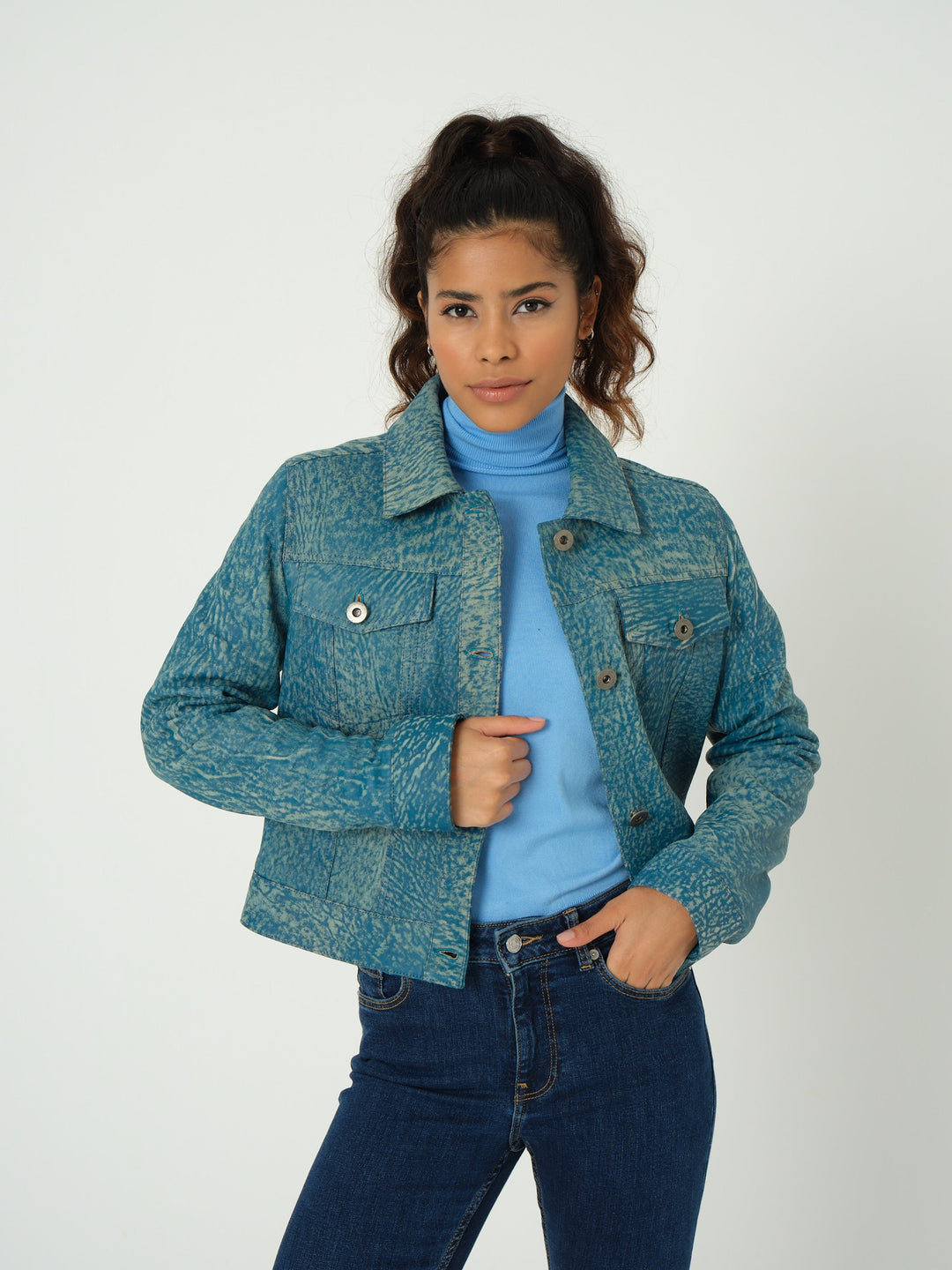 Blue textured leather jacket on model