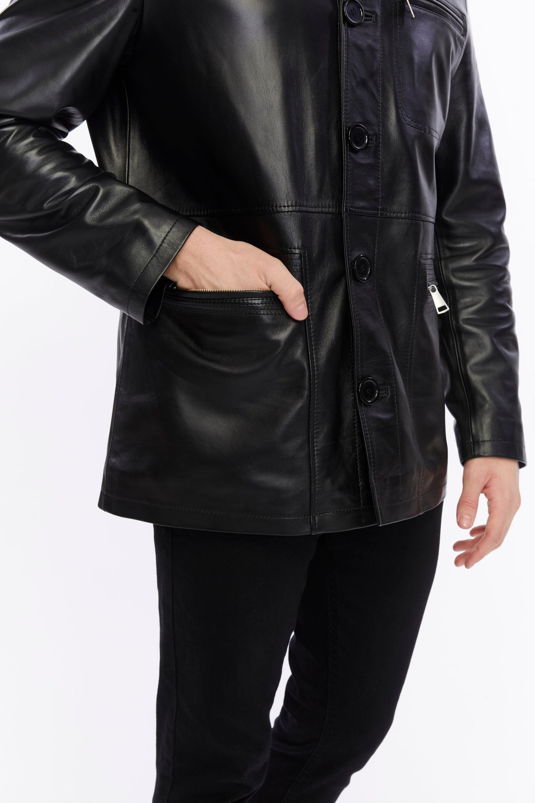 Black leather jacket on model