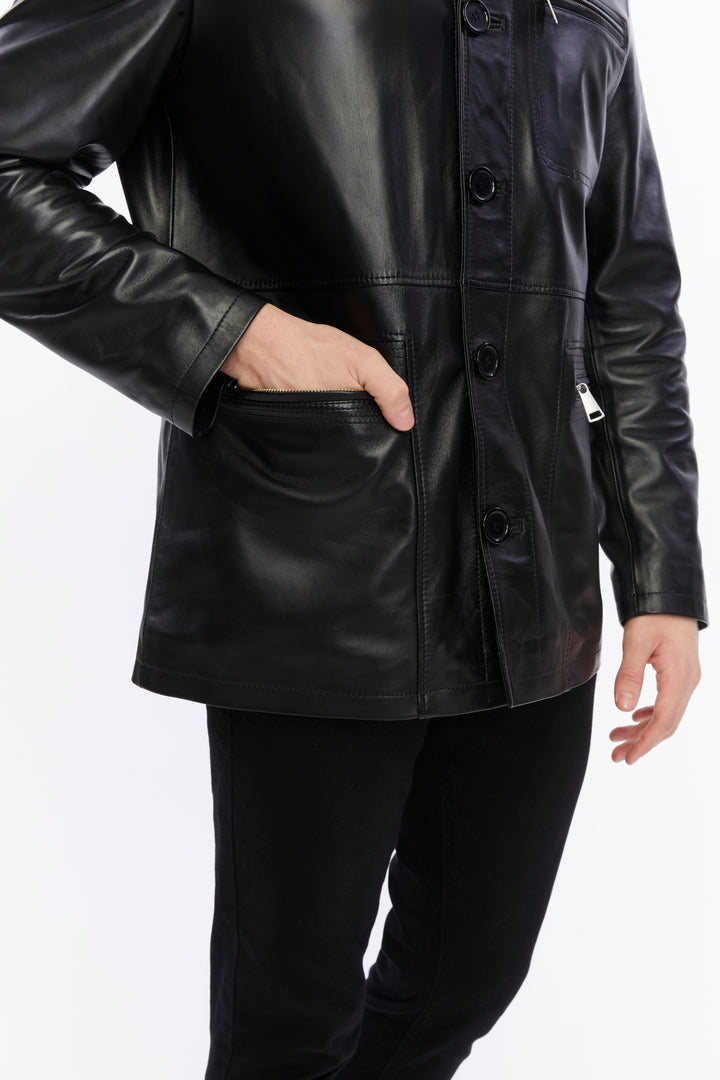 Black leather jacket on model