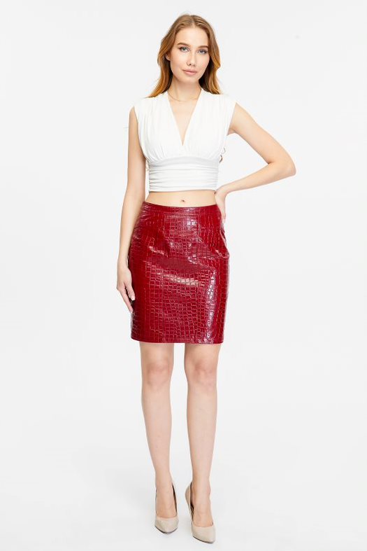 Model wearing red leather skirt