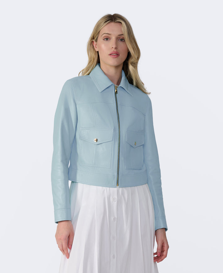 Light blue leather jacket on model
