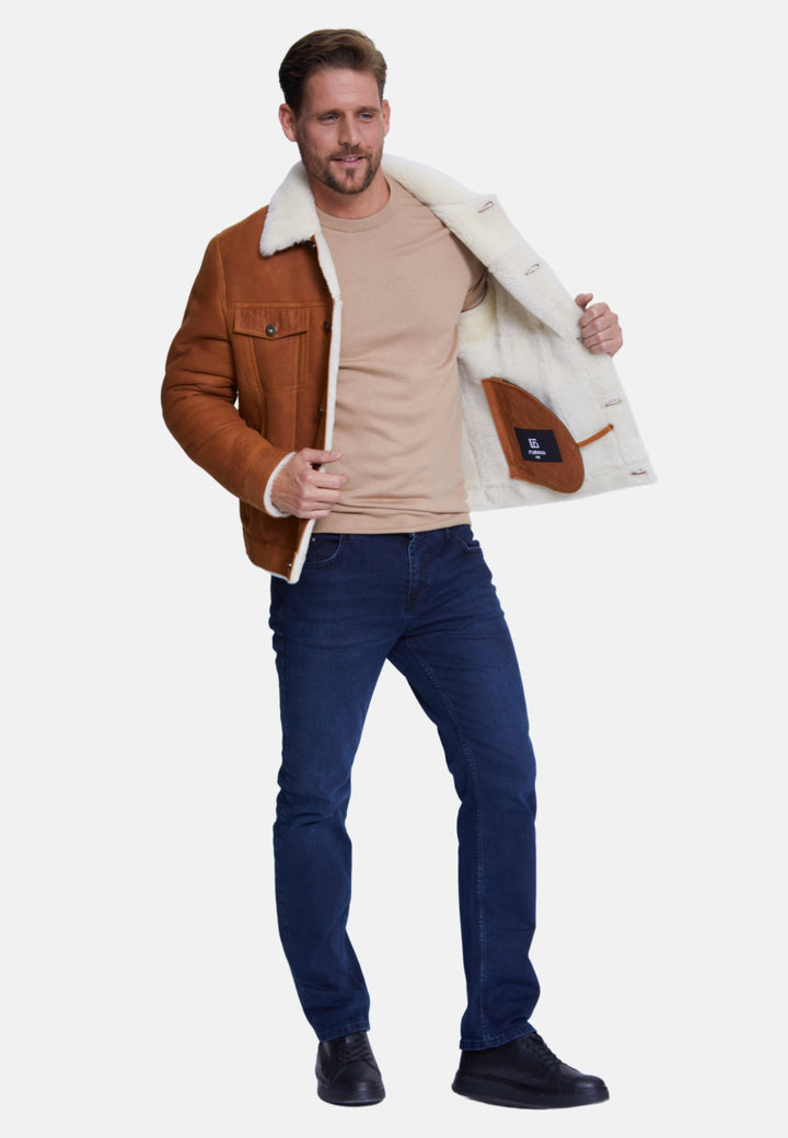 Man wearing brown sheepskin jacket