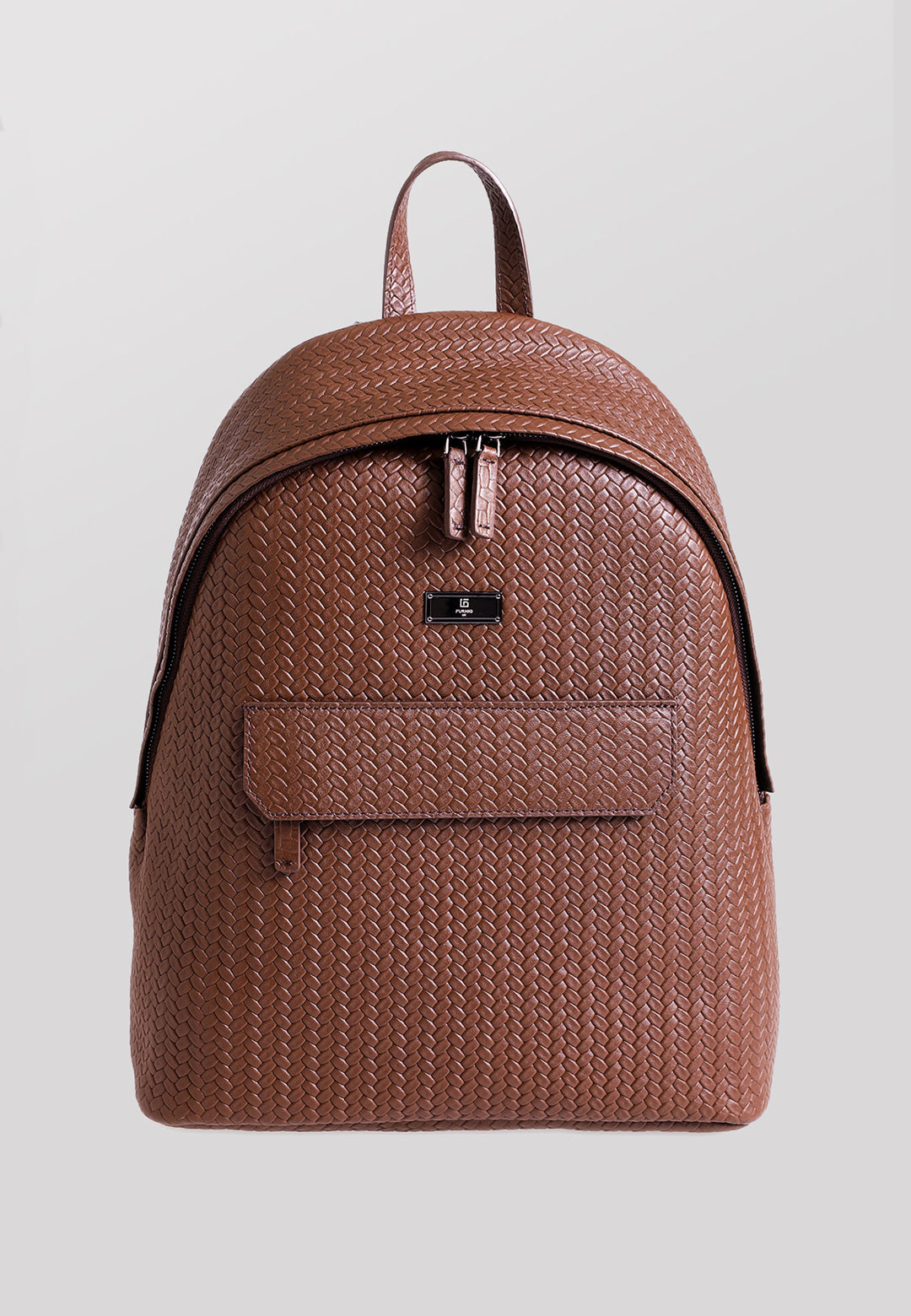 Brown woven leather backpack front view