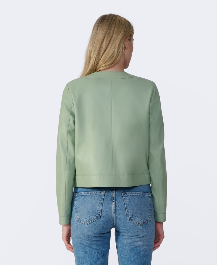 Back view sage green leather jacket