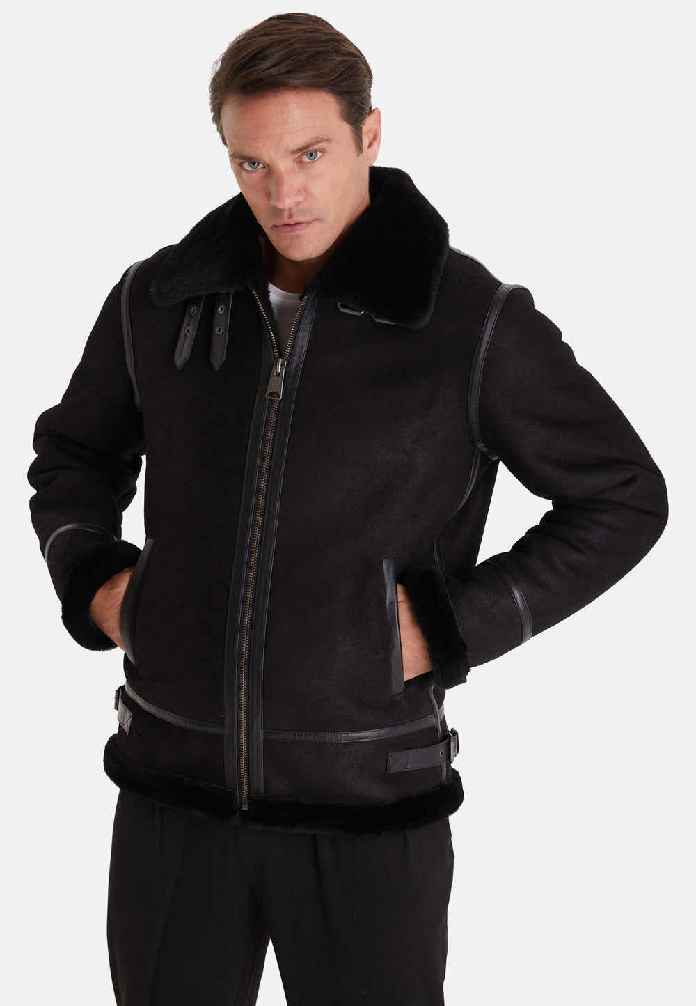 Man wearing black sheepskin aviator jacket