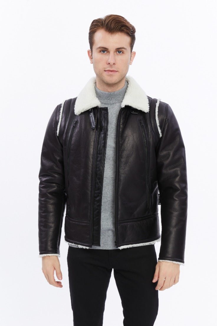 Man wearing black shearling jacket
