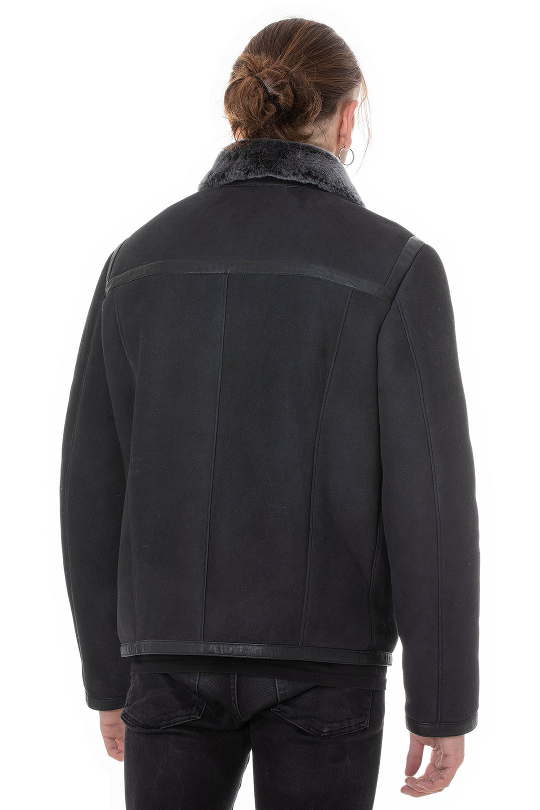 Black sheepskin jacket back view