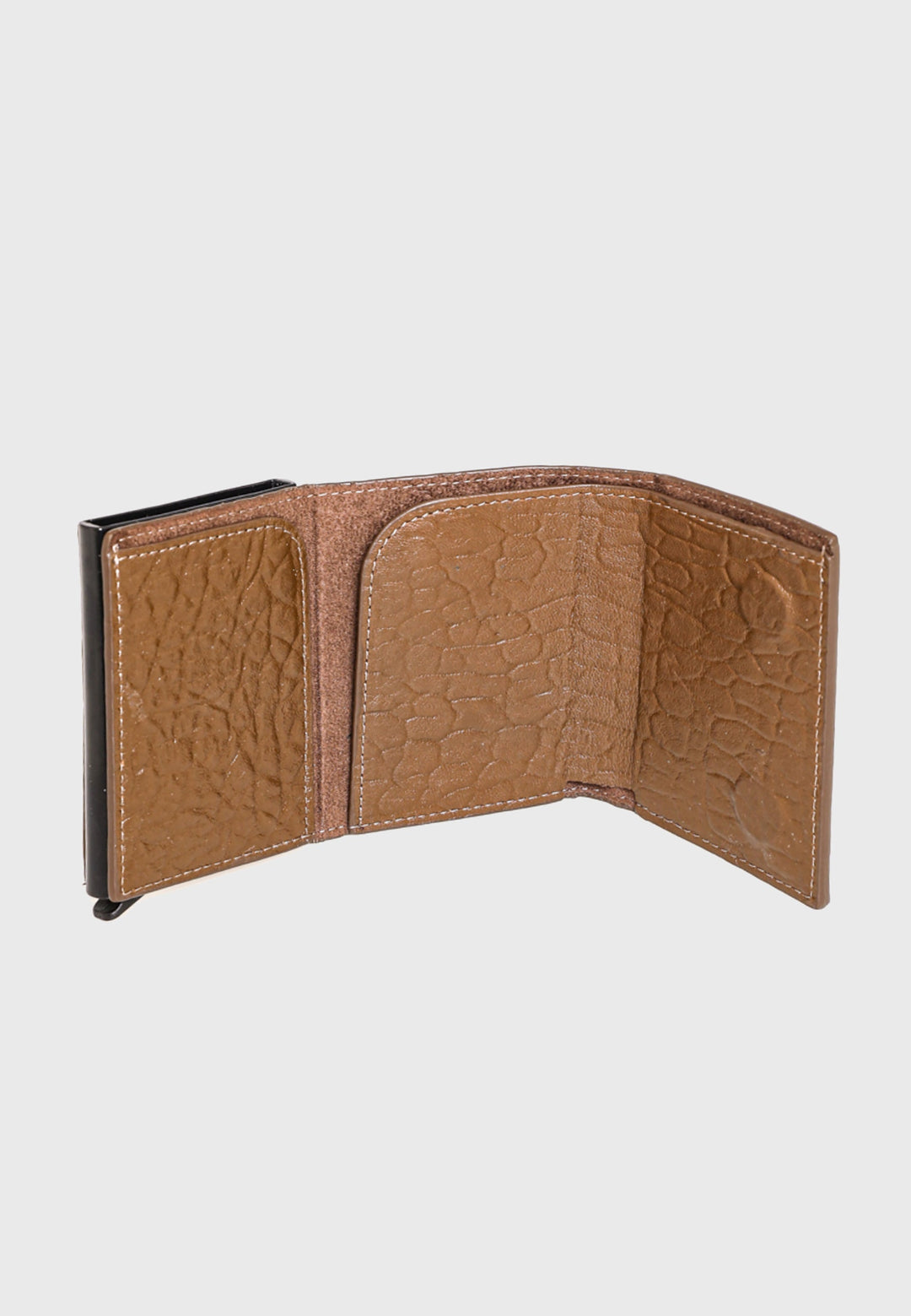 Brown genuine leather trifold card holder