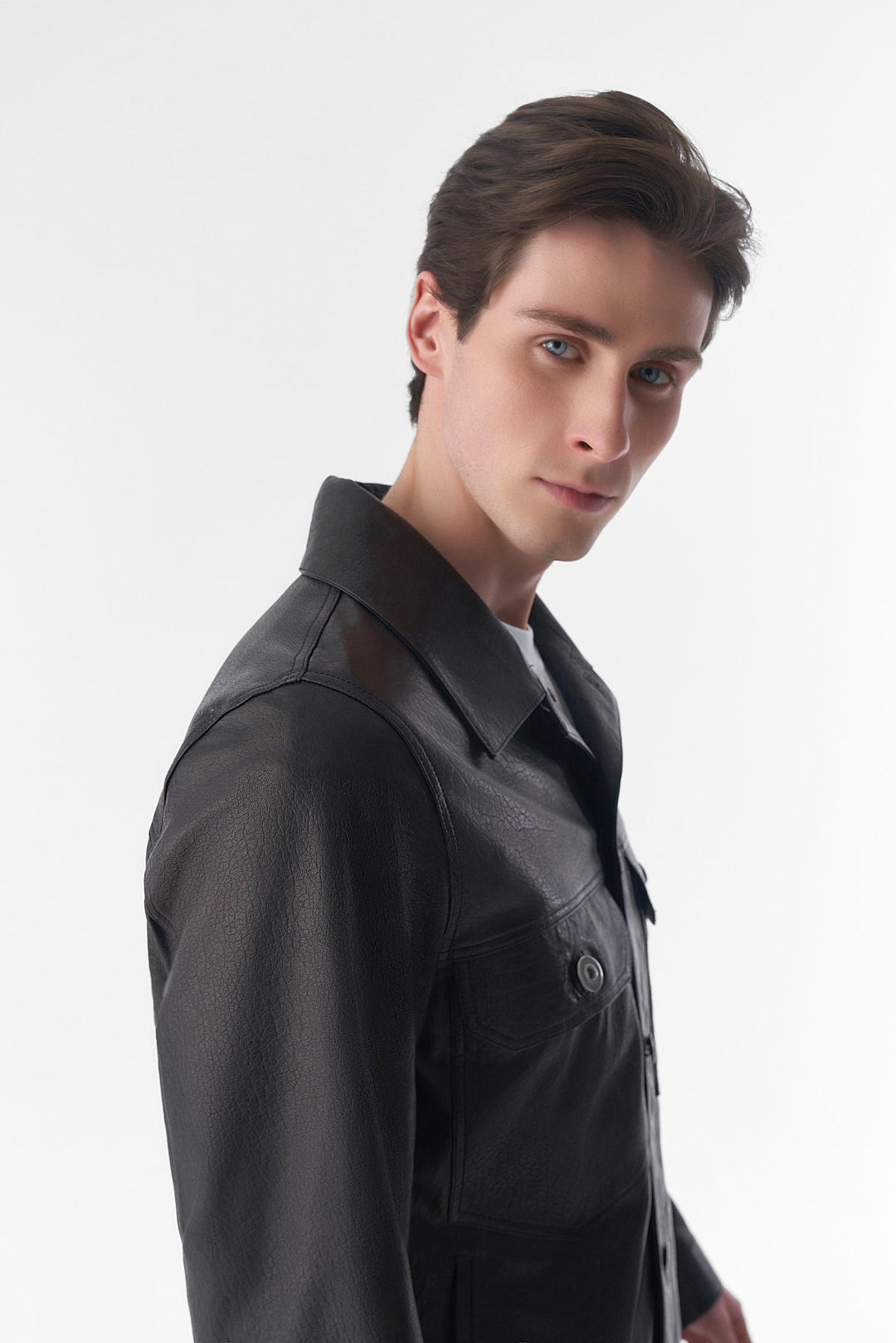 Male model wearing black leather jacket