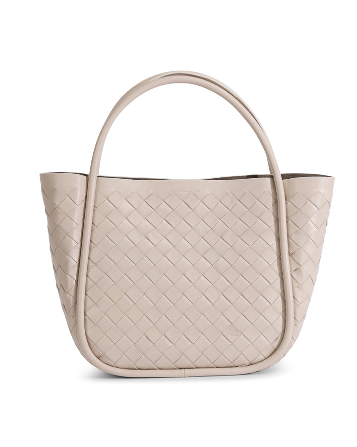 Beige woven leather top-handle tote bag