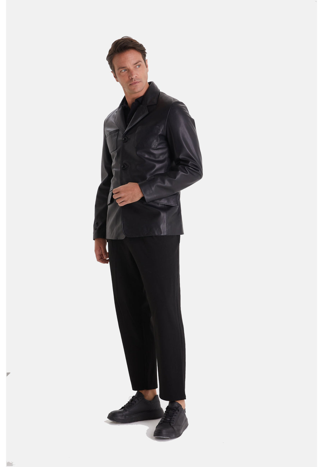 Man wearing black leather jacket