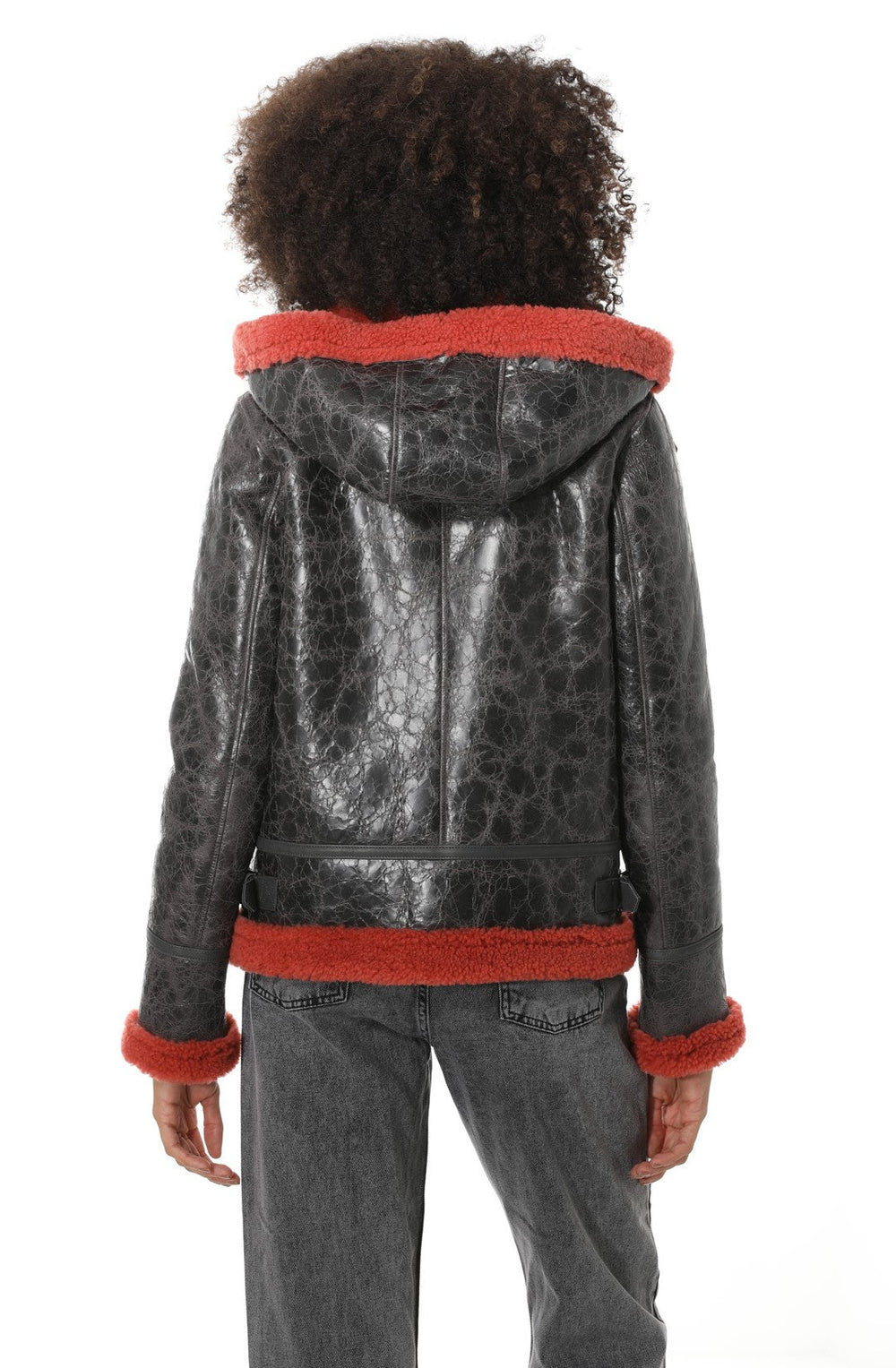 Back view black shearling jacket with red trim