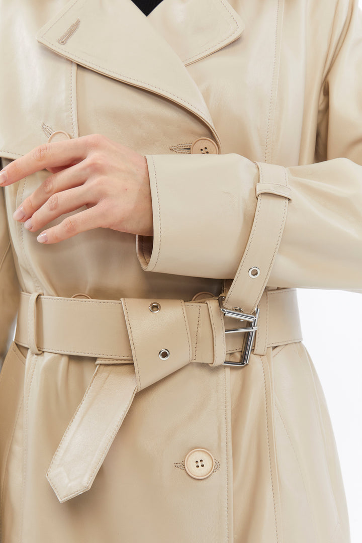 Beige leather trench coat close-up