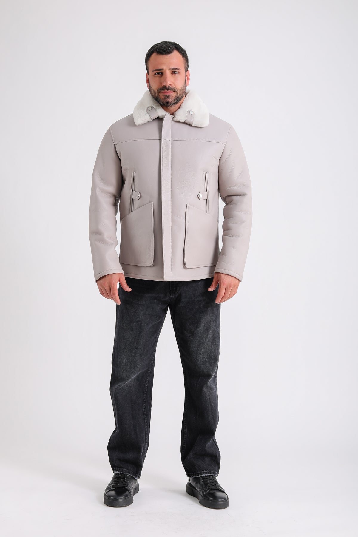 Men's Leather Shearling Jacket, Beige