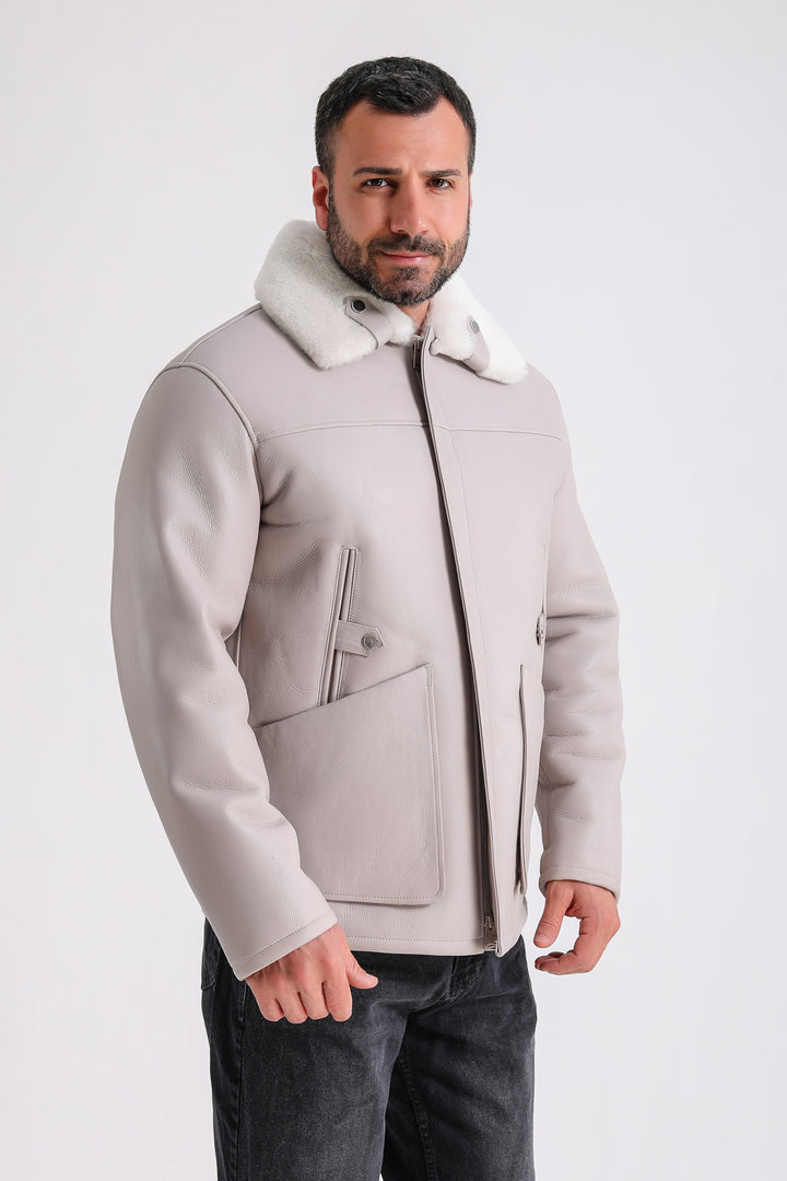 Men's Leather Shearling Jacket, Beige