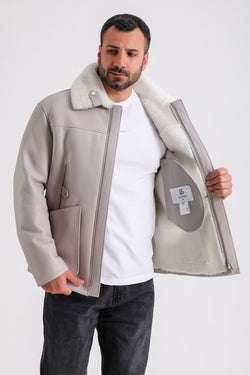 Image of Men's Leather Shearling Jacket, Beige