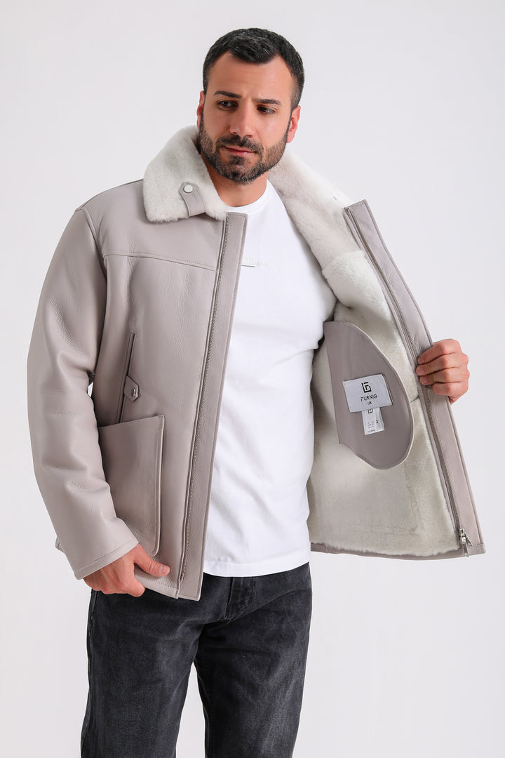 Men's Leather Shearling Jacket, Beige