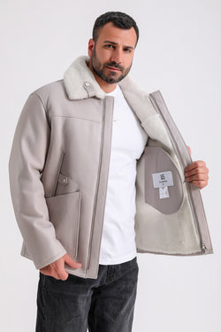 Image of Men's Leather Shearling Jacket, Beige