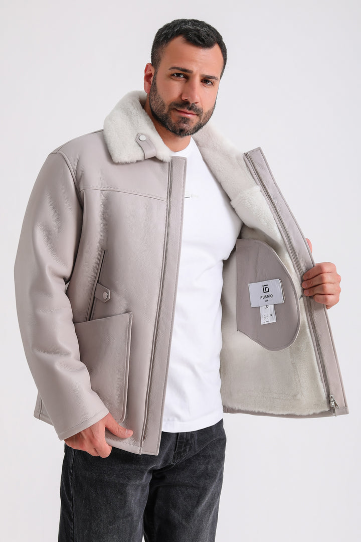 Men's Leather Shearling Jacket, Beige